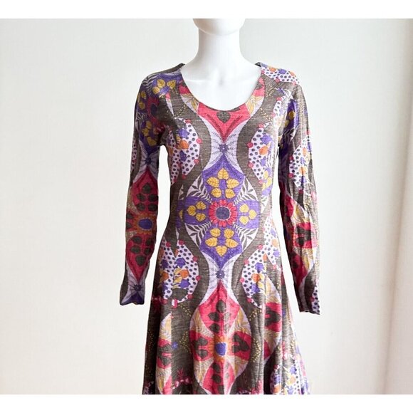 Vintage Psychedelic Print Muted Colours Long Sleeve A line Maxi Dress S - Picture 2 of 9